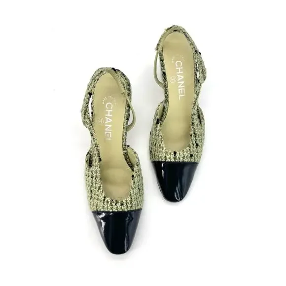 Chanel CC Logo Green Wool Tweed Patent Cap Toe Slingback Heeled Sandals 37 - Picture 3 of 7